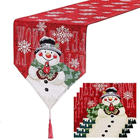 Christmas Place Mats Table Runners Embroidered Set Christmas Snowman Tablecloth Christmas Decorations for Table Mats (Table Runner(1+4)) Cover