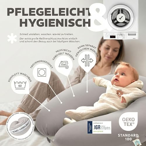 sei Design Cojín de lactancia de 170 x 30 cm, ergonómico, cojín para dormir de lado, cojín cómodo para adultos | nido para bebés recién nacidos con funda 100% algodón - imagen 5