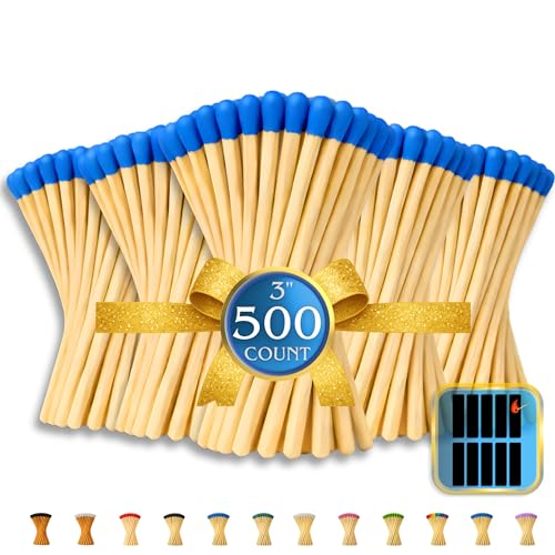 Image of 500 Count - 3 inch Long Blue Color Matches | Three Inch Coloful Loose Wooden Safety Match Sticks for Candle Display | Refill Decorative Jar Holder Bottle | Striker Included