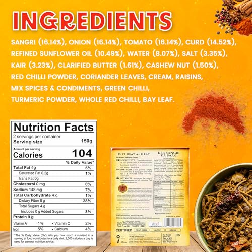 Image of Chokhi Dhani Ker Sangri Ka Saag Ready-to-Eat Meal 300g | Authentic Rajasthani Specialty Curry | Instant Heat & Eat | Vegetarian Home Style Food | Microwavable Curry Pack | Pack of 1 | ready to eat meals