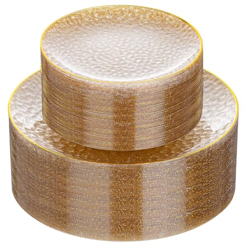 Rubtlamp 60Pcs Clear Gold Plastic Plates, Gold Glitter Disposable Plates, Hammered Plastic Plates Included 30 Dinner Plate And 30 Dessert Plates for Party