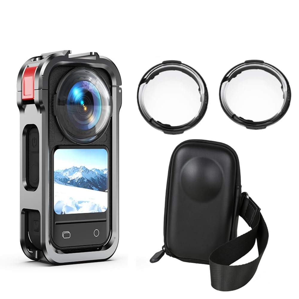 Paquete de protección 3 en 1 para jaula de metal Insta 360 X6/funda de transporte (para jaula + tapa de lente), paquete de 2 protectores de lente de vidrio óptico, funda protectora portátil para