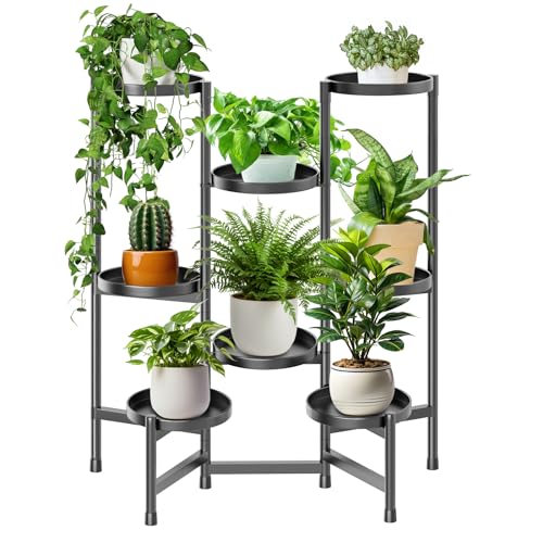 KHayRovies Porte Plante interieur Étagère Plante, Noir Etagere Porte Plante exterieur 8 Niveaux Métal Tabouret Plante, Multiple Supports de pots de fleurs...