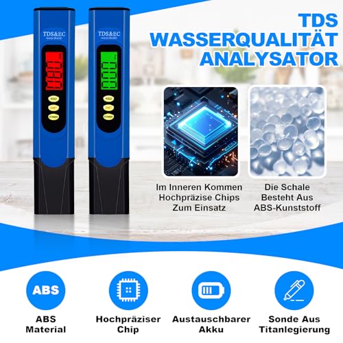 TDS Messgerät,Wassertester Trinkwasser Mikrosiemens Messgerät und PPM Messgerät Wasser TDS Wasserqualität Tester EC Messgerät 3 In 1 TDS Digital Wassertester für Trinkwasser Pool Aquarium Teich