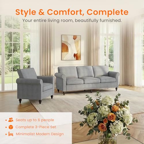 Image of ijuicy 2-Piece Sectional Sofa Set, Modern Linen Couch Set (Light Gray) | with 5 inch Thicken Cushion & Nailhead Trim, Living Room Furniture Set- 3 Seat Sofa and Armchair