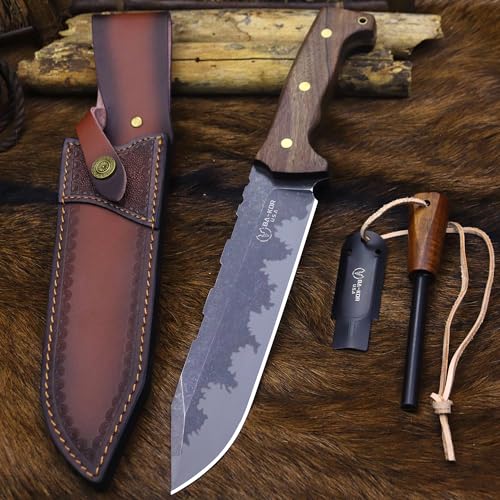 BA-KOR DC53 Steel 38CM (15.2IN) Full Tang 6mm Thick Fixed Knife+Sheath&(5.9IN) Cerium Igniter, Suitable for Outdoor Hunting, Camping, Survival Exploration, EDC