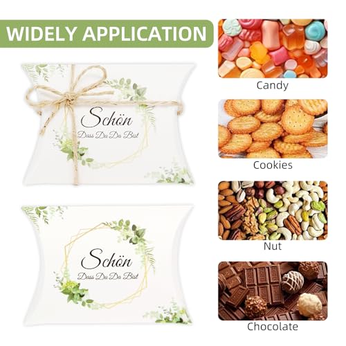 Luxoraiova 50 Stück Schön Dass Du Da Bist Gastgeschenke, Geschenkboxen Kissenschachtel mit Eukalyptus Design, Gastgeschenk Box für Hochzeit, Taufe, Kommunion, Pralinen, Süßigkeiten, Kekse