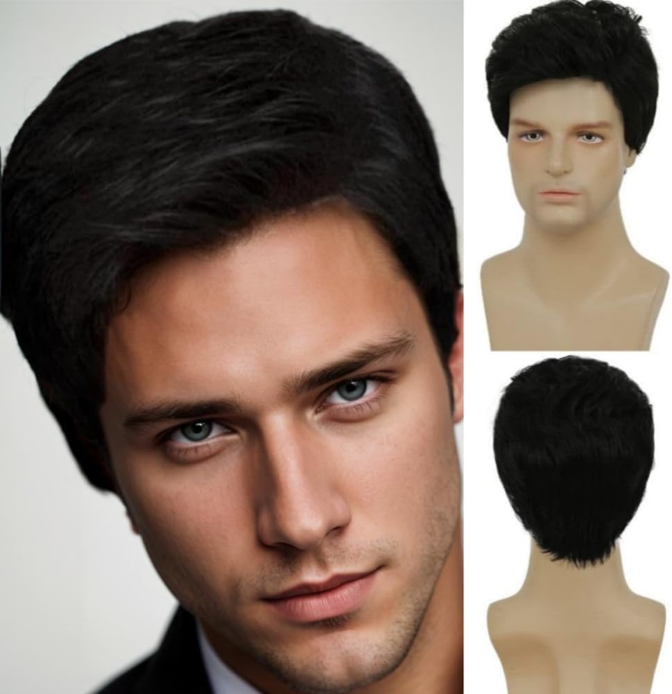 Mens Short Black Wig Natural Looking Synthetic Full Hair Wigs for Male Daily Party Costume Wig (Black)