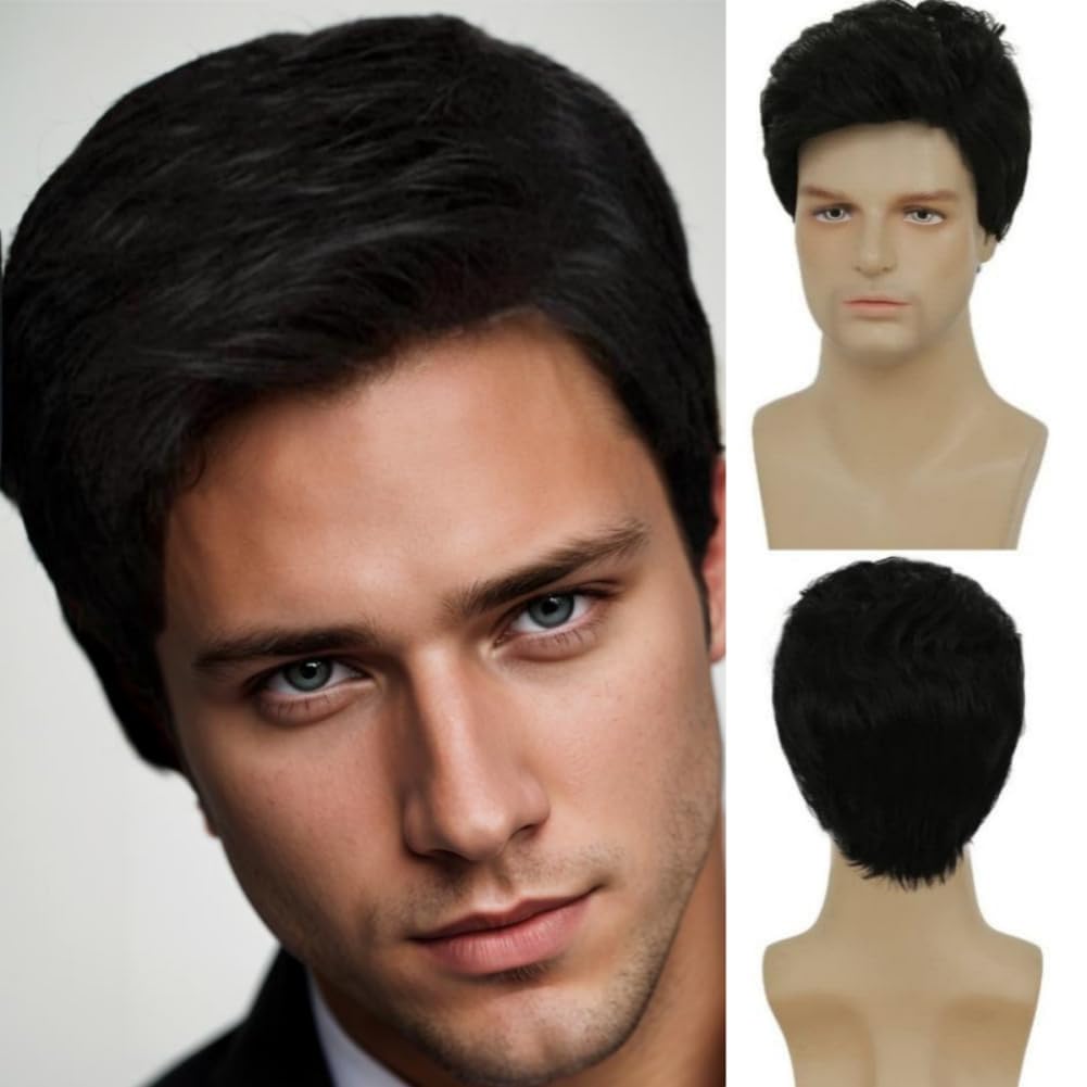 Swiking Mens Short Black Wig Natural Looking Synthetic Full Hair Wigs for Male Daily Party Costume Wig (Black)