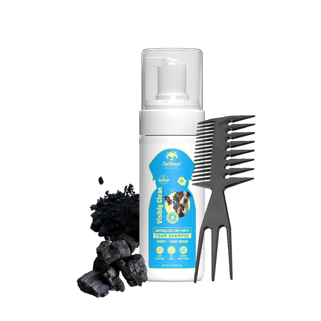 TailBlaze Groom Vroom Visibly Clean WATERLESS No Rinse Dry Bath Dog Shampoo Foam with Free Dog Comb | SLS, Paraben, Mineral Oil and Silicones Free | Ayurveda + Patents 150 ml