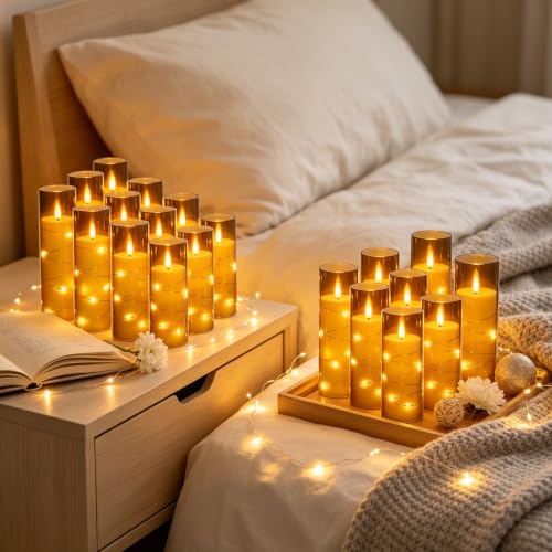 Image of 12 Pack Gray Acrylic Flameless Taper Candles, Flickering Black Wick LED Candles with Surrounding Fairy String Lights, Heat Resistant ABS Candles, 2 Remotes, Assorted 5-8 Inch for Indoor Outdoor Decor