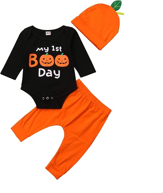 Newborn Unisex Baby My 1st Boo Day Romper+ Halloween Pants+ Orange Cap