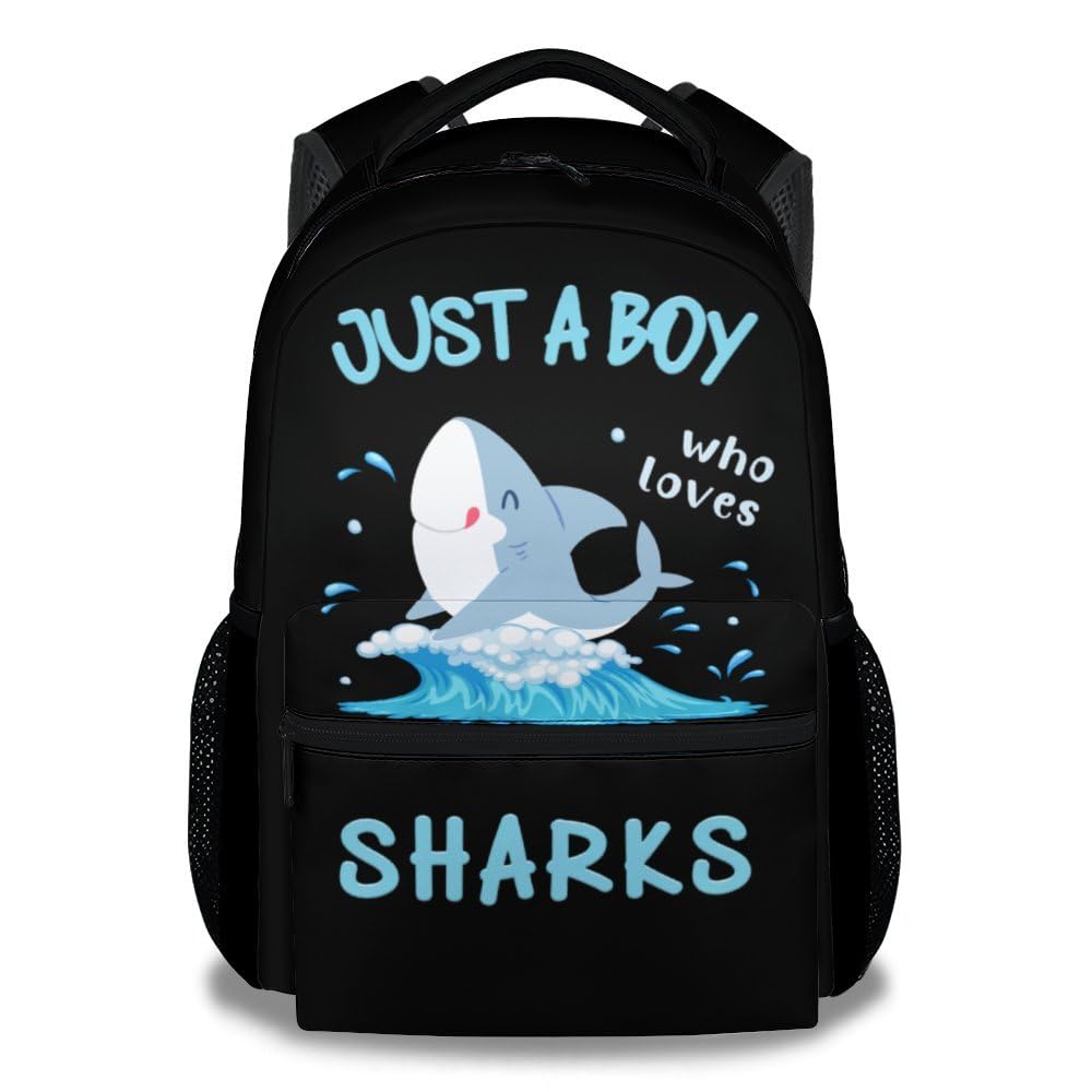 BEOIIBIRD Shark Backpack for Boys, 16 Inch Black Backpacks for School, Cute Lightweight Bookbag for Kids
