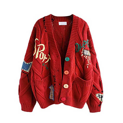 Image of utcoco Womens Open Front Cardigan Cable Knit Long Sleeve Button Down Embroidery Cardigan Sweaters