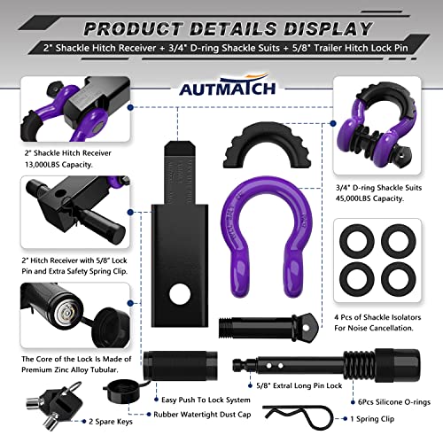 Autmatch Shackle Hitch Receiver 2 Inch - 3/4" D Ring Shackle And 5/8" Trailer Hitch Lock Pin, 45,000 Lbs Break Strength Heavy Duty Receiver Kit For Vehicle Recovery, Black & Purple #TOP1