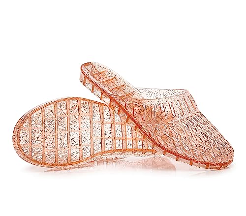 Image of Womens Jelly Shoes, White Jellies Sandals Glitter Clear Flats Slip On Summer Beach Slippers Transparent Closed Toe Soft Slide