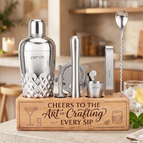 Image of O' Holic by Perch 10-Piece Bartender Kit|Art of Crafting Every Sip Printed Wooden Stand|Cocktail Shaker Set with Jigger, Strainer, Spoon, Muddler, Pourer, Corkscrew & Tong|Home Bar Accessory|Silver