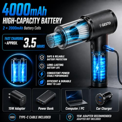 Image of Gesto Car Vacuum Cleaner, 4-in-1 Cordless Handheld Vacuum Cleaner & Air Blower, 12000Pa Portable Mini Vacuum Cleaner for Car, Sofa & Home, 70W Brushless Motor, 4000mAh Battery - 1 Year Warranty