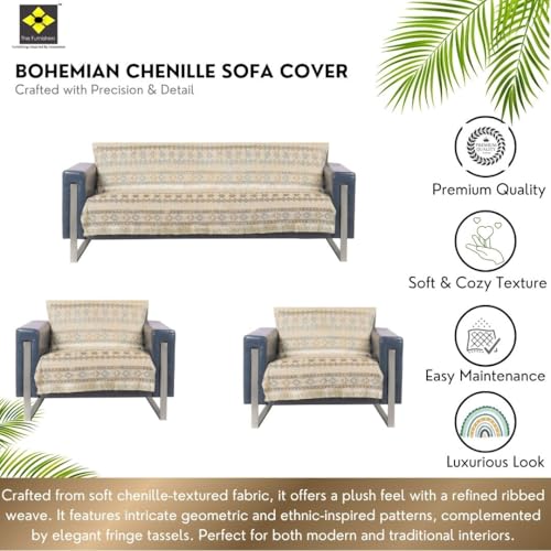 Image of Elegant Woven Beige Sofa Cover - Soft Chenille Traditional Pattern with Lace Style | L-Shape Sectional Seat Protector for Living Room | Durable & Stylish Slipcover 5 Seater Sofa Cover