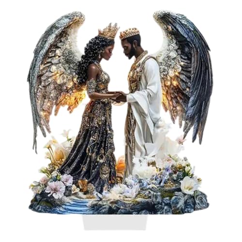 Surakey Angel Couple with Wings 2D Flat Acrylic Desktop Decorations Creative Black Angel Couple Wings with Flower Table Top Ornament for Home Living Room Birthday Anniversary Decor Gift