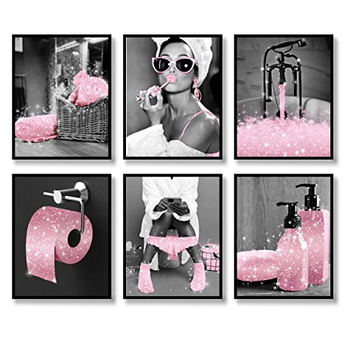Luodroduo Lot de 6 impressions sur toile à paillettes, noir et blanc, rose, glamour, affiches d'œuvres d'art modernes et amusantes pour salle de bain (noir...