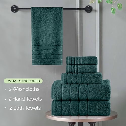 Image of Elegant Comfort 4 Lines Viscose Stripe 6-Piece Premium Towel Set - 100% Turkish Cotton High Absorbent Luxury Bathroom Towels - Includes 2 Washcloths, 2 Hand Towels and 2 Bath Towels Set, Hunter Green