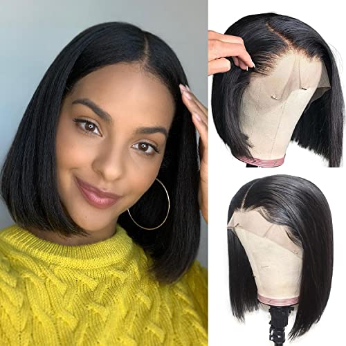 Short Bob Wig Human Hair 13x4 Brazilian Virgin Straight Bob Lace Front Closure Wigs Human Hair for Women HD Lace Frontal Wig Pre Plucked with Baby Hair 150% Density No Bangs Natural Color(10 Inch)