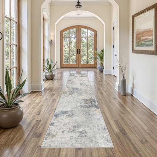2X10 Washable Runner Rug for Hallway: Soft Neutral Modern Abstract Area Rug - Non-Slip Low Pile Long Throw Indoor Carpet for Kitchen Entryway Kitchen Bedroom Laundry - Blue Grey