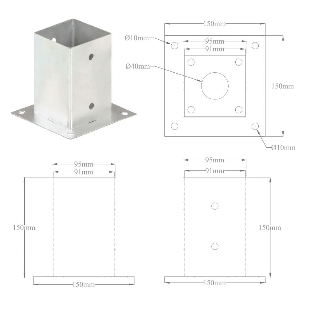 Anclaje de postes de metal galvanizado de 91 mm, 4 unidades, zapatos de apoyo para postes de valla y tubos cuadrados, fijación para valla de jardín, valla de malla de alambre y base de valla