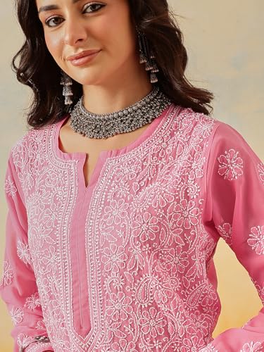 Image of Ada Lucknow Chikankari Hand Embroidered Faux Georgette Kurta Kurti Tunic Dress for Women A95504