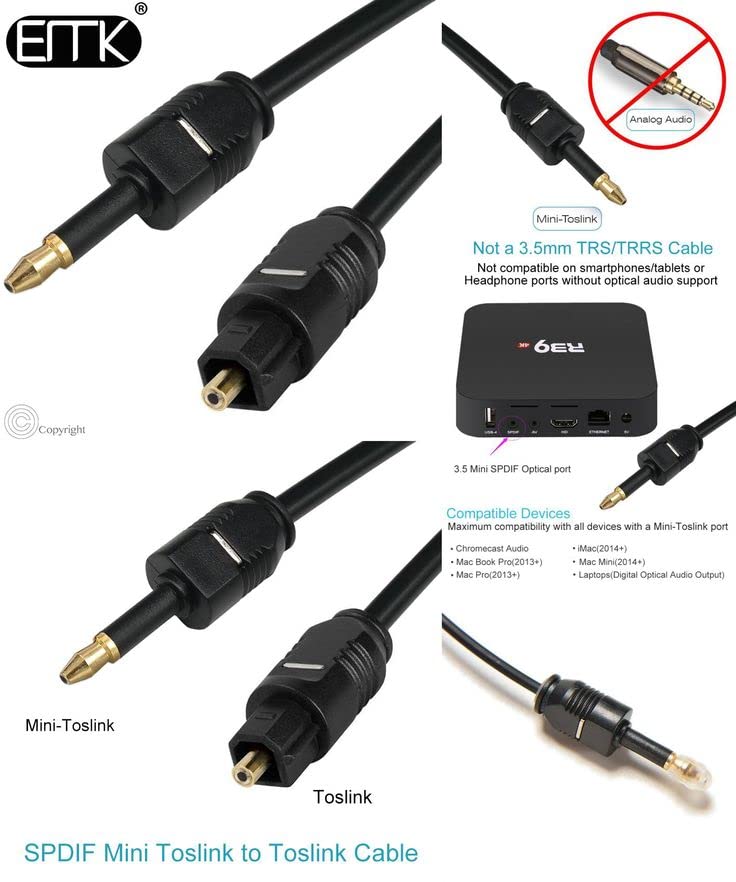 ETZIN 24K Gold Plated Toslink to Mini Toslink Cable Digital Optical Audio Cable 3.5 mm Mini Optical Cable for Home Theater, Sound Bar (3 Meter)... - Image 2