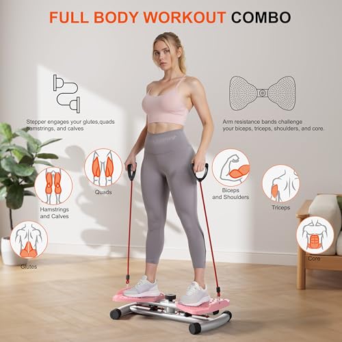 Taillen-Twister & Drehscheibe zum Abnehmen – Geräuschloses Heimfitnessgerät mit Widerstandsbändern, Bauchmuskeltraining, Balancetraining & Fußmassage, Rosa.