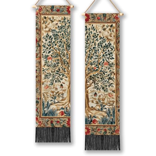 TNKBREEZE 2 arazzi europei vintage da parete con alberi antichi, lunghi verticali, nappe da parete, decorazione estetica, per camera da letto, soggiorno, soggiorno, studio, appartamento, 130 x 33 cm