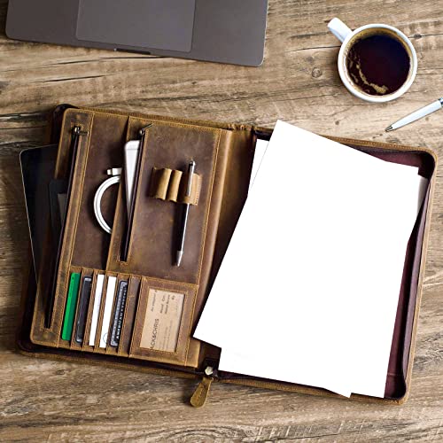 ringsun genuine leather portfolio with zipper for men women padfolio business resume a4pad folder organizer brown rs01