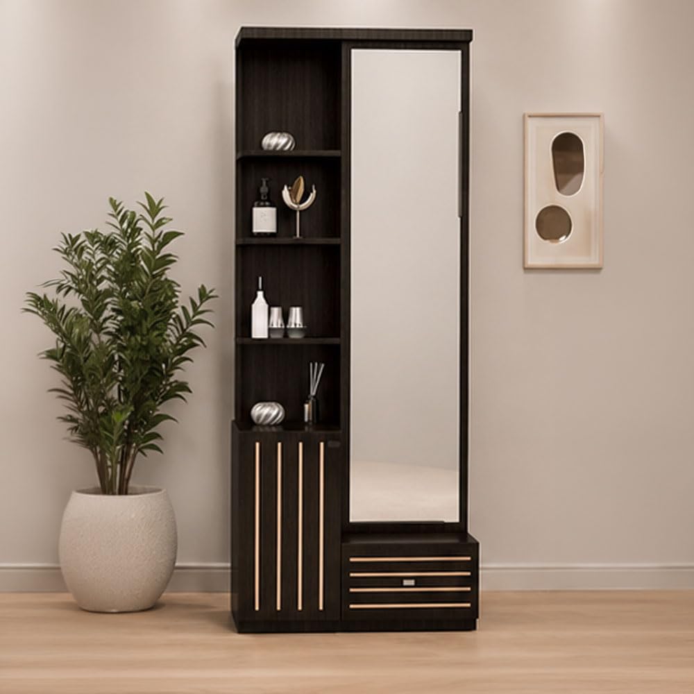 Helios Dressing Table | Open Display Shelves, Bottom Drawer, Wooden Vanity Unit, Modern Dark Finish, Bedroom Furniture-image-35