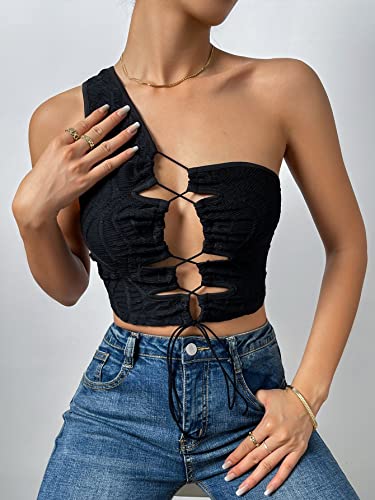 Mulheres Tops Cadarço na frente Um ombro (Color : Black, Size : CH)