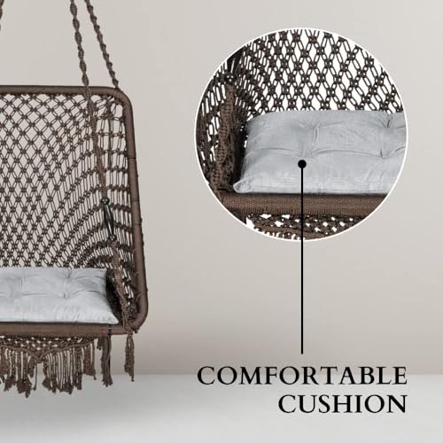 Image of Swingzy Premium Rectangle Swing Chair for Adults | Stylish Indoor Outdoor Hanging Swing | Polyester Blend Large Swing for Balcony | Durable Relaxing Hammock Chair (Accessories Included, Brown)