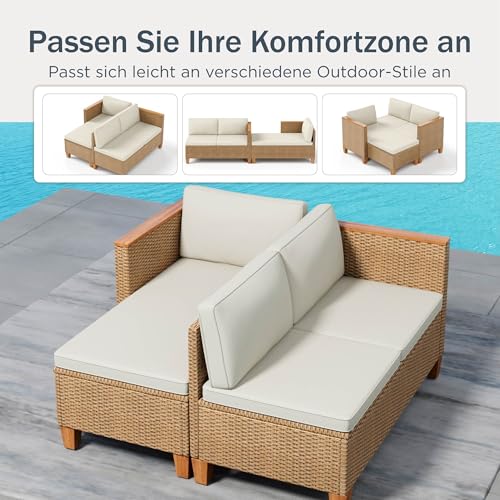 PHI VILLA 3 Teilig Gartenmöbel Set Balkonmöbel, Rattan Lounge Möbel Outdoor mit 1 Chaiselongue, 1 Zweisitzer-Sofa und 1 Kleiner Couchtisch, 4 Personen Terassenmöbel Außen Gartensofa