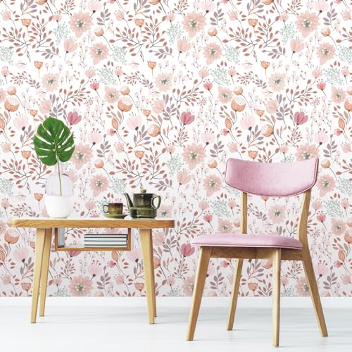 GeRRiT 17.7'x118.1' Sweet Girls Room Decor Peel and Stick Boho Pink Floral Peel Stick Wallpaper Contact Paper Removable Self Adhesive Flower Wallpaper for Walls Bedroom Home Decoration