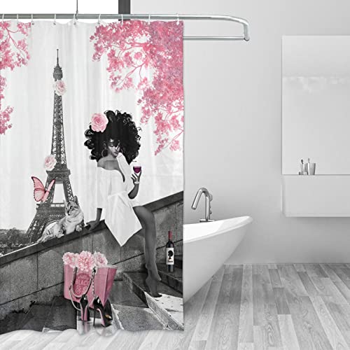 African American Shower Curtain Fashion Black Girl Shower Curtain Grey Pink Afro Black Woman And Eiffel Tower Shower Curtain Waterproof Polyester Bathroom Curtain With Hooks For Bathroom Decor 55"X72" #TOP1