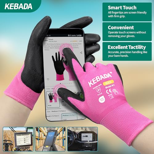 Image of Kebada W1 Work Gloves Women, PU Coated Safety Gloves with Grip, Touchscreen, Ideal for Warehouse Package Handling, Construction, Gardening, Pink Large