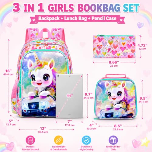 Image of 16 inch Unicorn Backpack for Girls, 3Pcs School Backpacks Set for Elementary Preschool Kindergarten, Kids Truck Bookbag with Lunch Box(Pink)