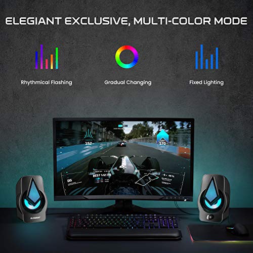 Computer Speakers ELEGIANT PC Speakers with 3 Light Modes, USB Powered Stereo Speakers, with 3.5mm AUX and Volume Control, Compatible with Gaming Desktop, PC Cellphone Tablets Desktop Laptop