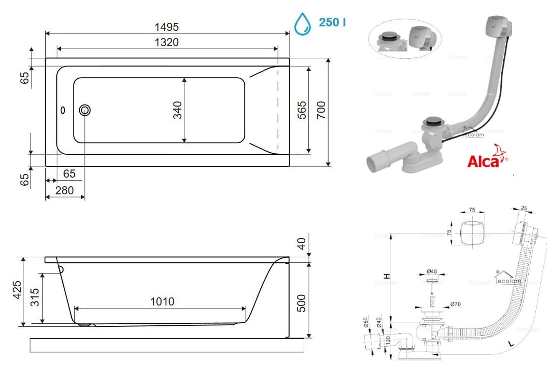 Wanna ECOLAM Savia 150x70 cm + wyściółka styropianowa pod płytki | Nowoczesna wanna prostokątna, najwyższej jakości wanna akrylowa | Kompletny zestaw z odpływem, nóżkami i silikonową obudową