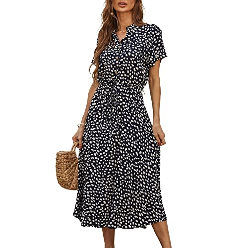 BROVAVE Women's Summer Polka Dot Print Shirt Dress Vintage Short Sleeve Button Down Midi Dress