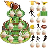 Football Cupcake Stand, 3 Tier Football Party Supplies Cake Stand with 20pcs Football Cupcake Topper
