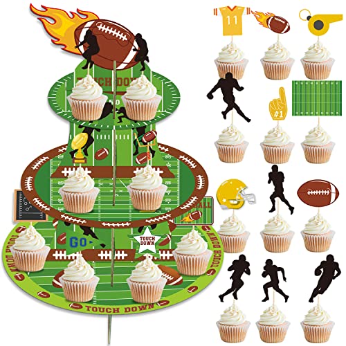 Football Cupcake Stand, 3 Tier Football Party Supplies Cake Stand With 20Pcs Football Cupcake Toppers, Cupcake Cardboard Table For Kids Birthday Party Decorations Football Theme Party Decorations #TOP15