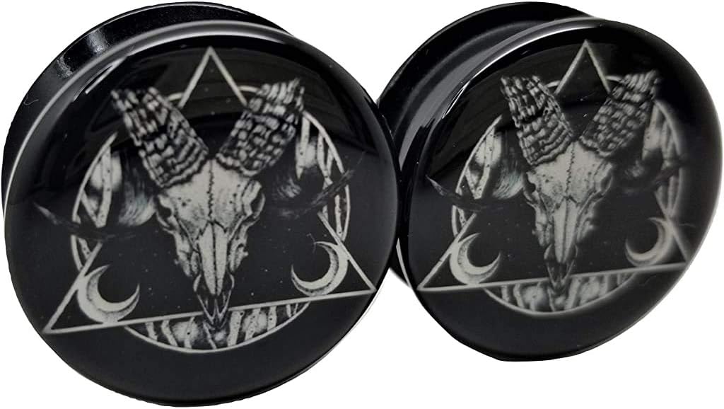 Ram Skull Black & White Ear Plugs - Acrylic Screw-On - 10 Sizes Pair*