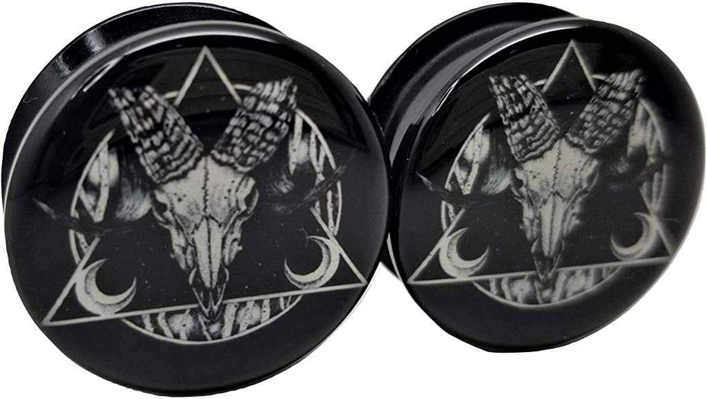 Pierced Republic Ram Skull Black & White Ear Plugs - Acrylic Screw-On - 10 Sizes Pair*