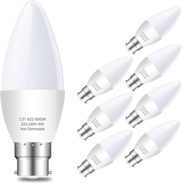 Plusluck B22 LED Candle Bulb Bayonet Cap, 600lm 6W B22 Candle Light Bulbs, B22 LED Light Bulbs Cool White 6000K, 60W Halogen Bulb Equivalent, 270° Beam Angle, Non-Dimmable, 8-Pack